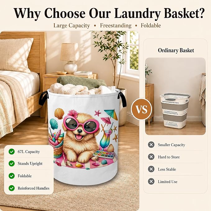 Beach Puppy Summer Vacation Collapsible Laundry Hamper for Bedroom, Freestanding Oxford Clothes Basket, Large Foldable Storage Bin with Easy-Carry Handles for Bathroom Dorm Laundry Room