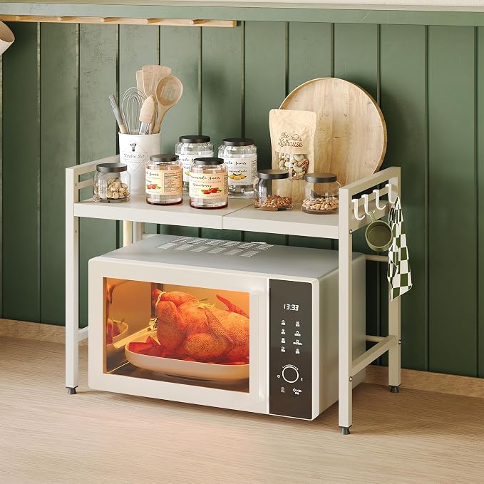 NETEL 2 Tier Expandable Microwave Stand countertop,Microwave Oven Rack | microwave shelf, storage shelves for pans &appliances,Adjustable partition height，8 Hooks,55lbs max load,White