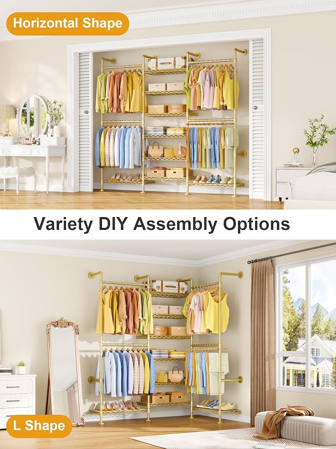 ULIFHOME M6 Clothes Rack for Wall Mounted, Heavy Duty Closet Wardrobe System with 8 Shelves and 4 Hanger Rods, 68.5" W x 11.8" D x 86.6" H Clothing Storage Organizer for Holding 1064lbs, Gold