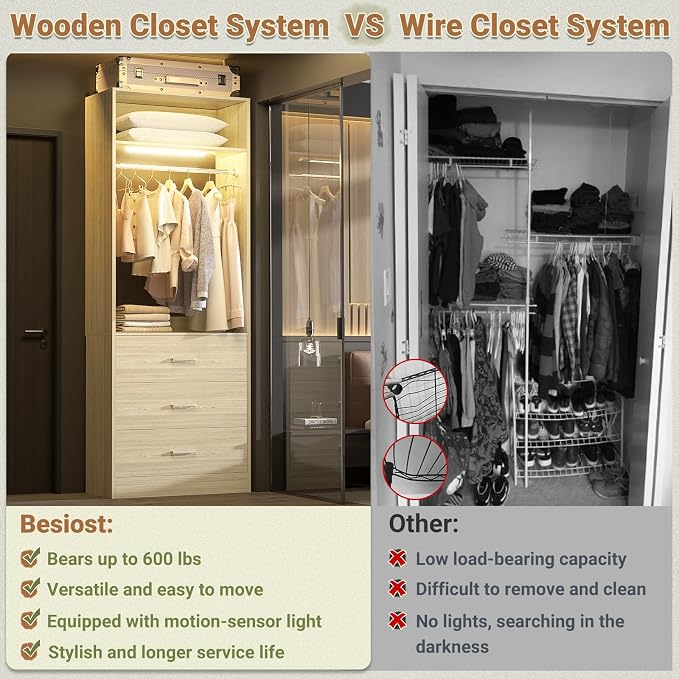 Besiost 8FT Closet System with 4 Motion Sensor LED Lights, 96" Closet Systems with 12 Drawers, Closet Organizer System with 4 Hanging Rods & 4 Shelves, Heavy Duty 96 Inch Walk-in Closet, White Oak