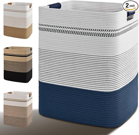 Laundry Hamper, 75L Tall Laundry Basket with Leather Handles, Rectangle Large Clothes Hamper for Organizing, Cotton Woven Laundry Baskets Storage Hampers for Bedroom, Nursery, Living Room