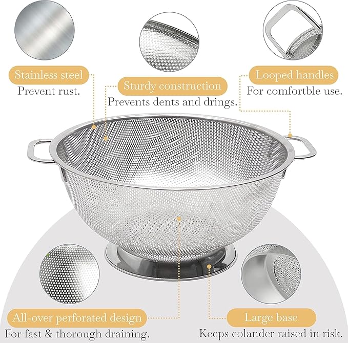 Bellemain Colander for Kitchen – 5 Qt Stainless Steel Strainer with Handle - Pasta Strainer Bowl for Pasta, Spaghetti, Vegetables, Fruit, and Pot Draining - Stainless Steel Colander