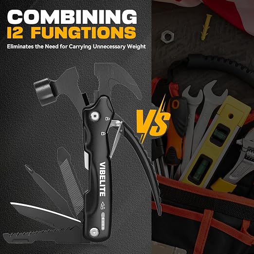 Gifts for Men, 12 in 1 Multitool Hammer for Camping, Hunting, Hiking | Birthday Gifts for Men, Dad, Him, Husband, Boyfriend, Women, Mens Gift from Daughter, Wife, Son, Black