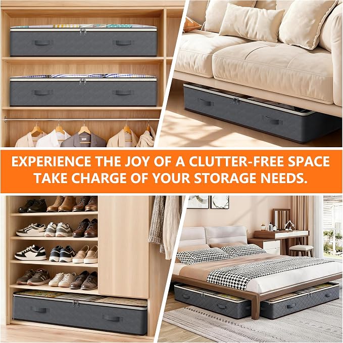 90L Under Bed Storage Containers,2-Pack Closet Organizer Storage Bins,Grey | for Organization and Storage Clothes, Shoes, Blankets & Pillows,Visible Transparent Top Storage Bins with Lids