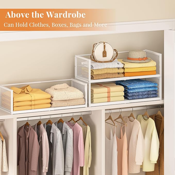 Expandable Closet Organizers and Storage, 2 Pack Stackable Closet Shelves | Metal Expandable Clothes Sweater Shelf Organizer for Closet