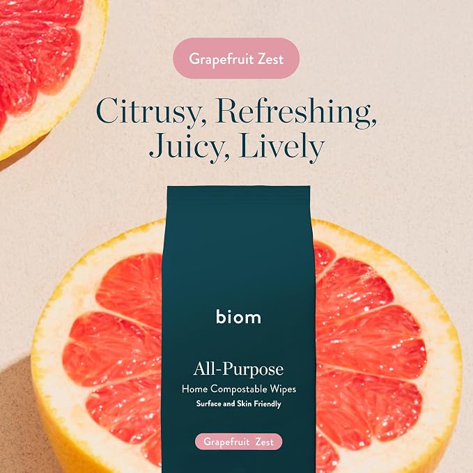 Biom All-Purpose Cleaning Wipes Refill (4pk x 60ct Each) - Biodegradable, All Natural, Plant-Based, Non-Toxic Wipes for Home & Travel - Kid & Pet Friendly (Grapefruit)