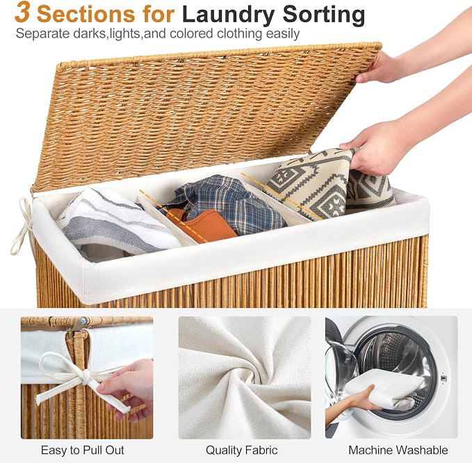 WOWLIVE Laundry Basket 3 Section, Handwoven Laundry Hamper with Wheels | Rolling Clothes Hamper with Lid and Divided Removable Bag, 160L Large Laundry Sorter, Laundry Room Organization, Natural