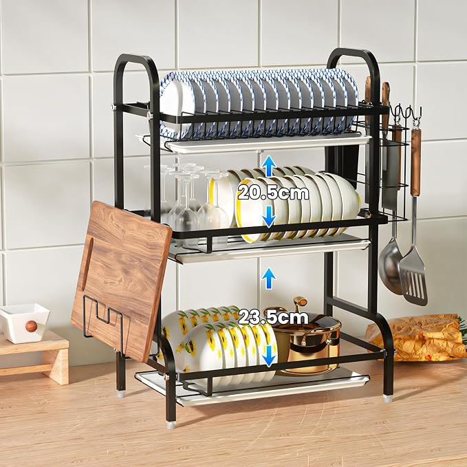 Dish Drainers for Kitchen Counter, 3 Tier Large Dish Drying Rack with Drainboard & Utensil Holders Carbon Steel Dishes Drying Rack for Kitchen Counter Storage
