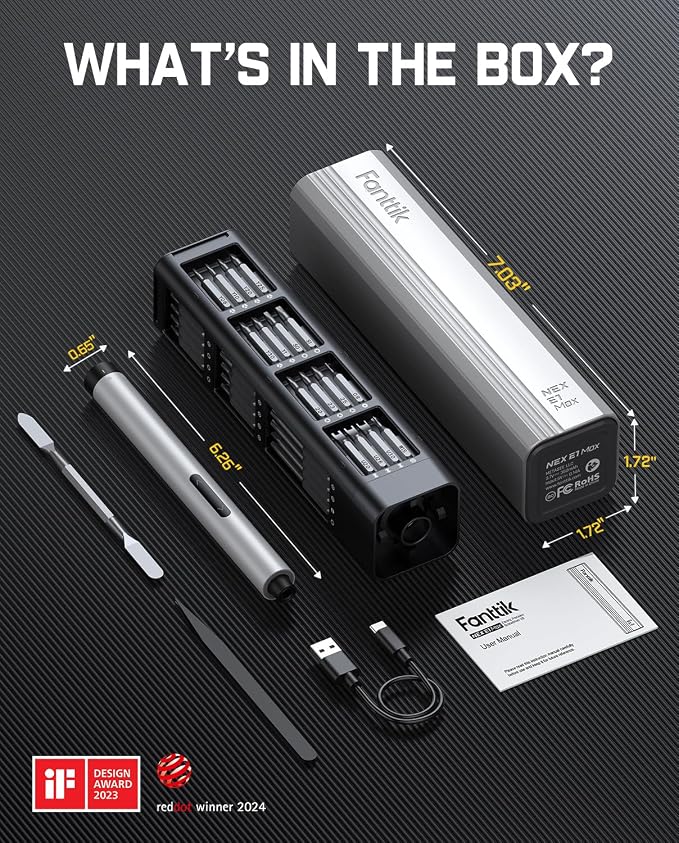 Fanttik E1 Max Precision Electric Screwdriver, Mini Screwdriver Set(Silver) | 50 Magnetic Bits, Magnetic Storage, 0.2N.m, 5/32‘’ Precision Repair Tool Kit for Electronics Phone Camera Laptop Watch