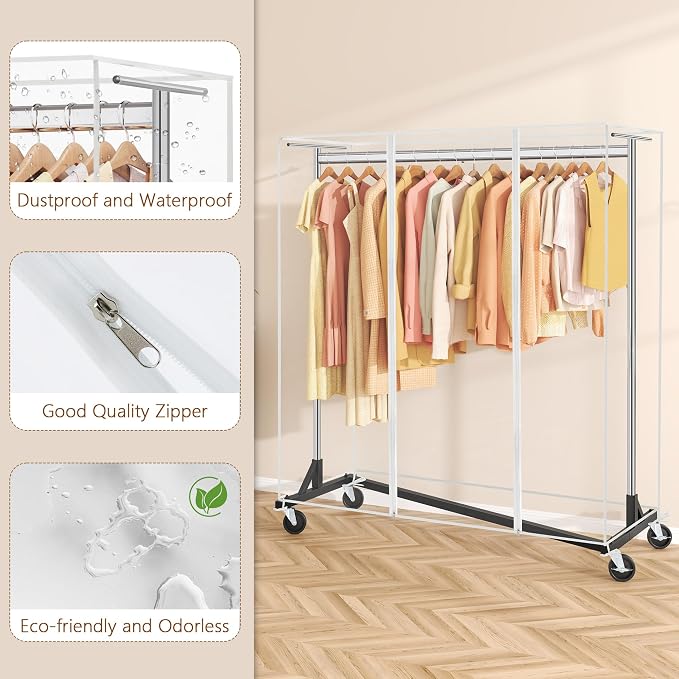 Hoctieon Z Clothes Rack with Cover, Metal Heavy Duty Clothing Rack, Rolling Garment Rack with Wheels, with Dustproof Cover Waterproof Protector, with 2 Durable Zippers, for Hanging Clothes, Chrome