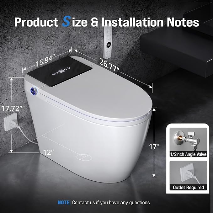 Electric Smart Toilet with Bidet Built In, Tankless Modern Elongated One Piece Design, Foot Sensor & Dual Auto Flush, Heated Seat, Warm Water, Air Dryer, 1000g MaP Flush, 1.28 GPF