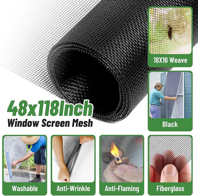 King&Charles Window Screen Replacement,Versatile Window Screen Door Kit | 48"x118" Black Screen Mesh+Versatile Screen Roller Tool+0.14inx50Ft Spline+8Clips for Window Mesh,Patio, RV Mesh Replacement