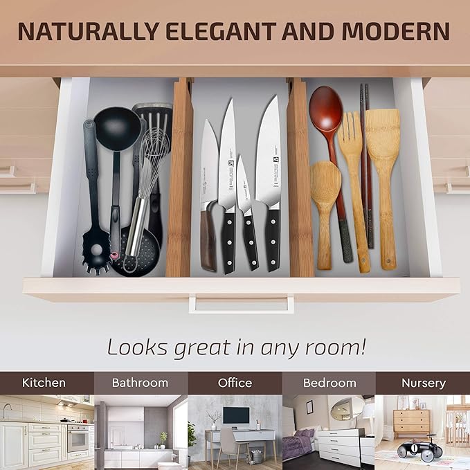 4 Pack Bamboo Drawer Dividers - Adjustable 16 to 22 Inch Expandable Drawer Organizer, Spring Loaded 2.6 Inch High Kitchen Drawer Dividers and Dresser Separator for Clothes, Bedroom, Bathroom, Office