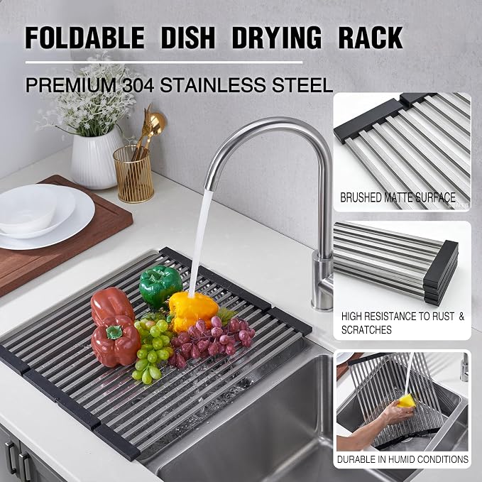 Foldable Over Sink Dish Drying Rack, 304 Stainless Steel Kitchen Drain Rack for Tableware, Detachable Silicone Edge, Rectangular Tubing (Brushed Nickel, 4 Fold 17.72" x 15.36")