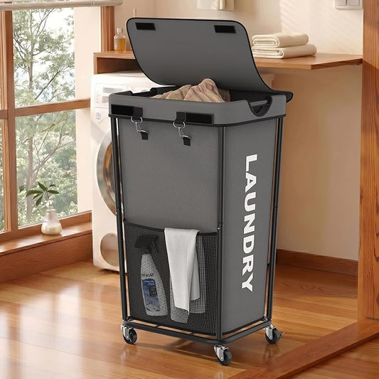 Laundry Hamper with Wheels and Lid, 110L Large Rolling Laundry Basket Gray | Heavy Duty Clothes Organizer, Sturdy Metal Frame, Lockable Swivel Casters, Removable Bag, For Bedroom, Bathroom, Laundry Room