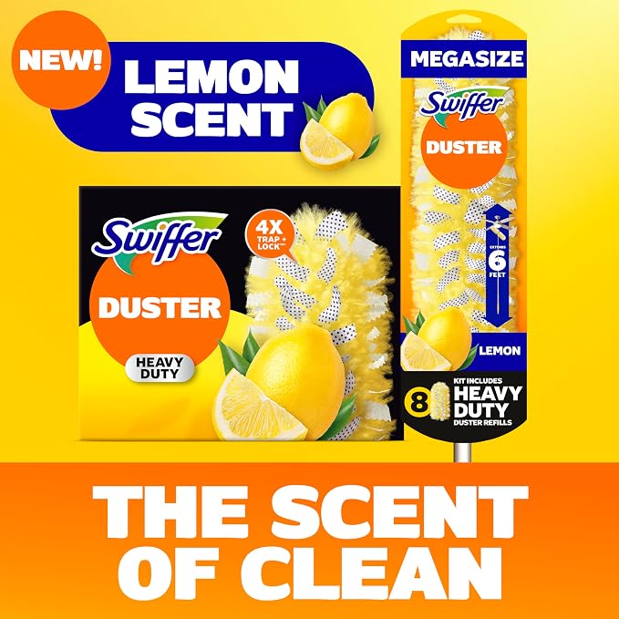 Swiffer Duster Kit with 6 ft Super Extendable Handle, Heavy Duty Starter Kit with 8 Refills, Lemon Scent