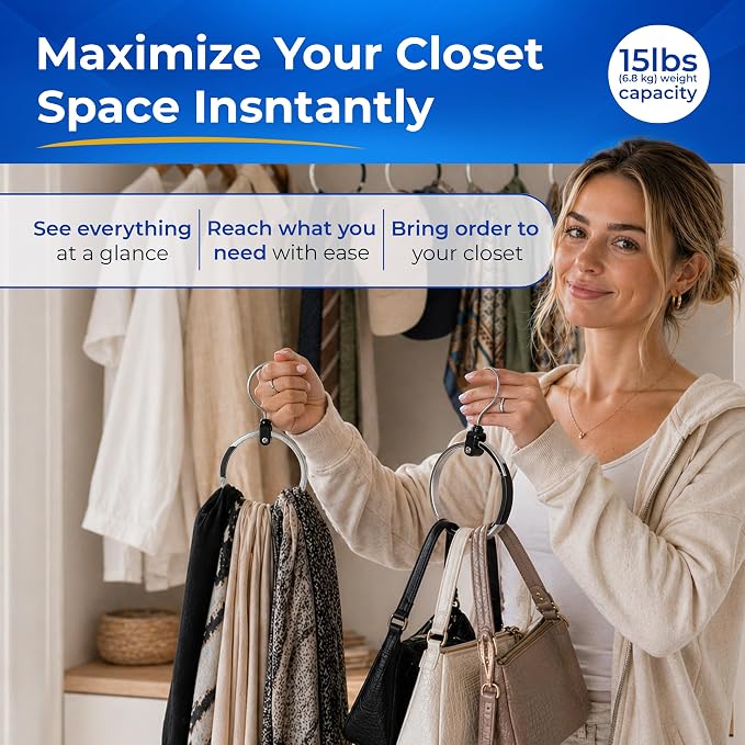 Rolly Hanger® Premium Closet Organizer, Rotating Aluminum Ring Hanger with 360° Swivel Hook, Space Saving Accessory Holder for Belts, Ties, Hats, Scarves, Purses & Handbags | Closet Organizer (3 Pack)