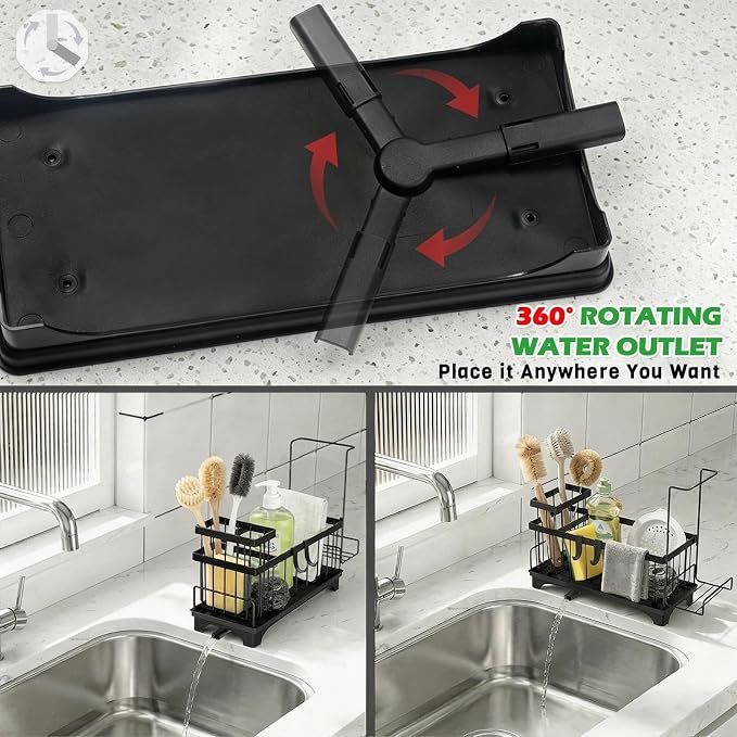 Sponge Holder for Kitchen Sink, Self-Draining Sink Caddy with Detachable Cloth & Dish Brush Rack, Metal Sponge Caddy Organizer for Kitchen Countertop Organizers and Storage Accessories, Black