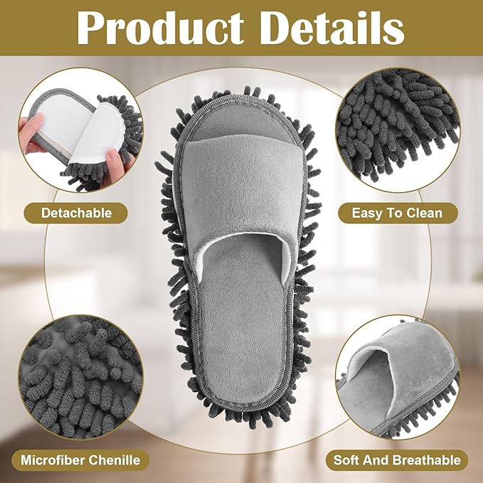 4-Pair Washable Microfiber Cleaning Mop Slippers, Unisex Dusting Slippers with Detachable Design for Effortless Floor Cleaning (Medium, Black, Beige, Pink, Gray)