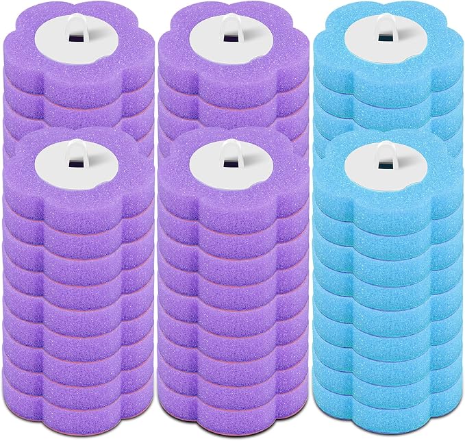 Toilet Brush Handle Kit, Toilet Wand Brush Head Disc, Disposable Toilet Bowl Cleaner Wand, Easy to Install for Bathroom Cleaning (Blue and Purple 36 Pieces Replacement Head)