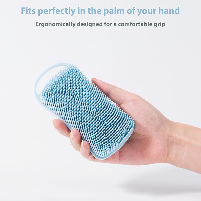 MtBoi 2 PC Silicone Body Scrubber, 2 in 1 Exfoliating Shower Bath Scrubber, Soft Silicone Loofah for Sensitive Skin, Shower Hair Scalp Massager, Easy to Clean, Lather Well (Grey&Blue)