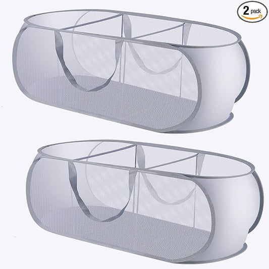 2 Pack Mesh Foldable Laundry Basket Up Laundry Hamper (Grey) | 3 Compartments Up Mesh Hamper with Handles, Mesh Laundry Hamper for Laundry Room, Bathroom, Room, College Dorm or Travel