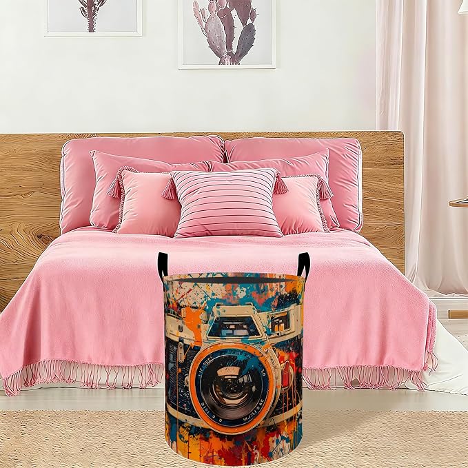 Vintage Camera Laundry Basket Hamper 19.7"x15.8", Organizer Bins Gifts for Kids Boys Girls, Retro Photographer Foldable Waterproof Oxford Clothes Storage Bucket for Bedroom Bathroom Decor