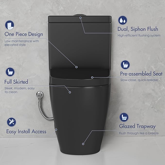 Eridanus One Piece Toilet with Comfort Chair Seat ADA Height 17.3", Powerful Dual Flush Modern Toilet, 1.1/1.6 GPF, 12" Rough-In, Elongated Toilet with Soft Closing Seat, Matte Black
