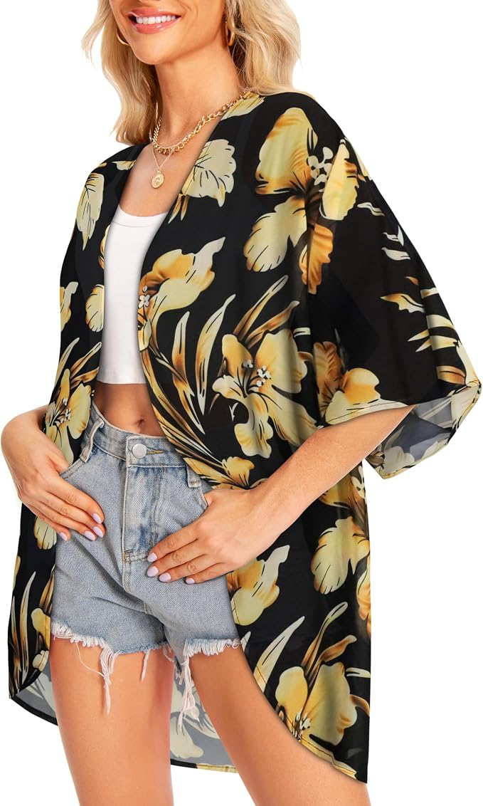 Women Kimono Cardigans Summer Cover Up Hawaiian Shirts Floral Print Tops | ROSEMIA chiffon kimono open front cardigans, beach cover ups, daily casual tops, cruise outfits, summer resort wear
