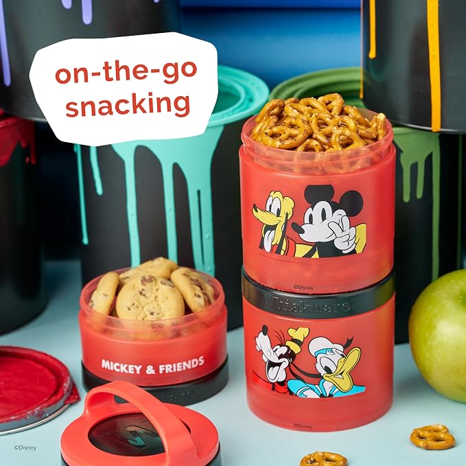 Whiskware Disney Mickey Mouse and Friends Stackable Snack Containers for Babies, Toddlers, and Kids, 3 Stackable Snack Cups for School and Travel, Cupholder Friendly, Classic!