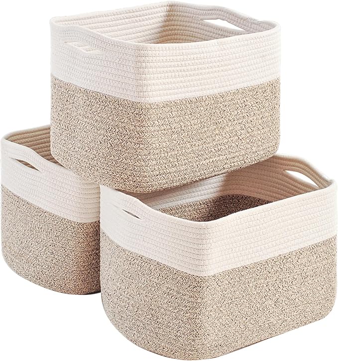 Storage Baskets for Organizing, Woven Storage Baskets for Shelves, Toy Storage Baskets for Kid's Room, Towel Baskets for Bathroom Nursery, 14.8"×11"×9.5", Pack of 3, Off White & Brown