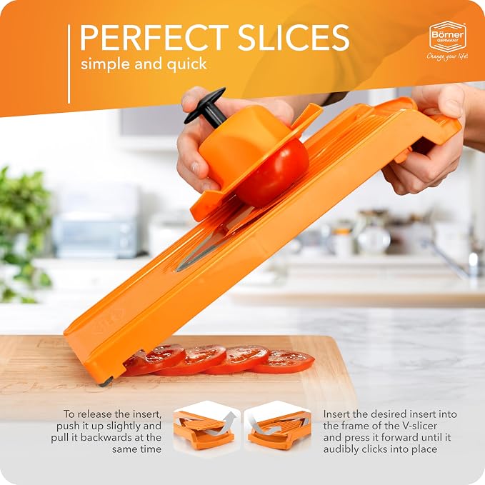 Börner Mandoline Slicer V3 (Starter Set) • V-Slicer for 5 Cutting Styles with Fruit Holder • Adjustable Vegetable Slicer for Vegetables & Fruits • Stainless Steel V-Blade • Color: Orange