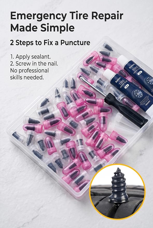 63 PCS Tire Repair Rubber Nails Kit with 2 Tubes of Black Tire Sealant Glue, Screw in Tire Plugs Set for Cars Motorcycles Trucks