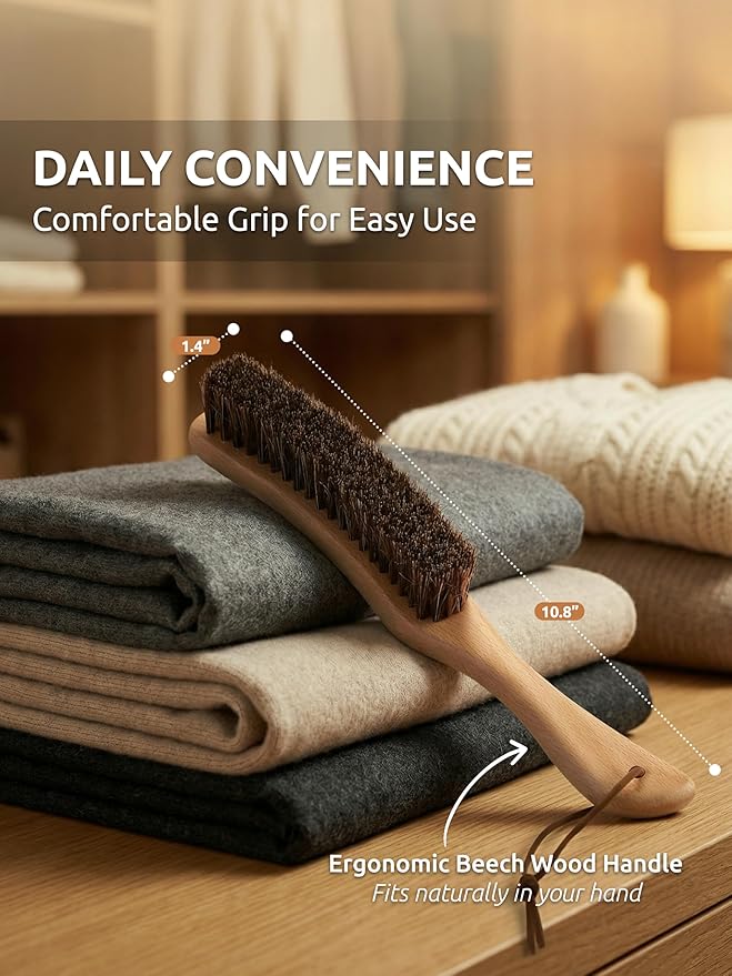 TAKAVU Horsehair Clothes Brush for Suits, Large Beech Wood Handle | Lint Brush for Coats, Cashmere, Wool, Velvet & Suede Upholstery, Hats & Jackets, Natural Bristle Garment Care