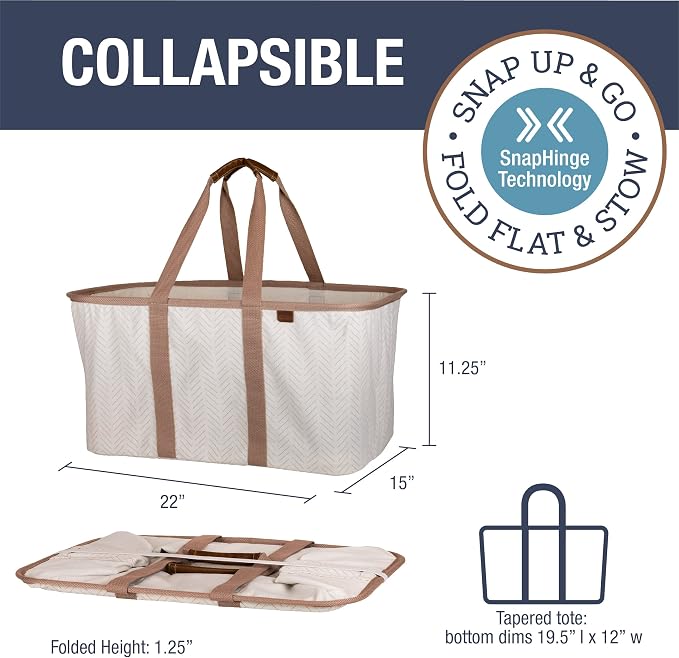 CleverMade LUXE Collapsible Laundry Tote, 50L, 2 Pack, Cream | Cotton-blend fabric and vegan leather accents add a polished look. Long handles balance 55 lb loads, and the tote folds flat.