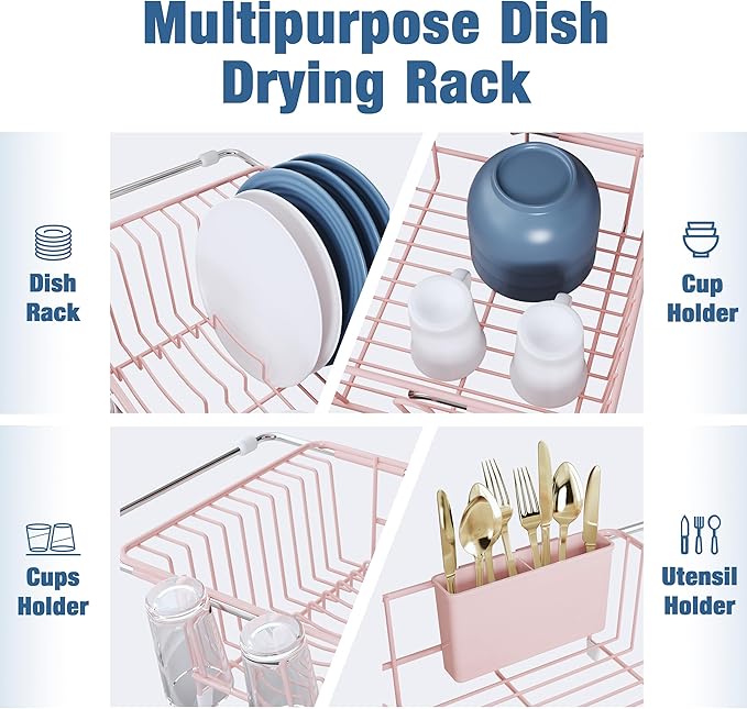 JASIWAY Pink Dish Drying Rack in Sink with Mat, Expandable Stainless Steel Dish Drainers for Kitchen Counter, Space Saving Dish Dryer for Inside Sink, Over Sink Dish Racks with Utensil Holder
