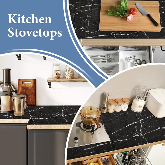 Drawer and Shelf Liner for Kitchen Cabinet: 12 in X 20 Ft Non Slip | Waterproof Shelf Paper Non Adhesive Refrigerator Liners Black Marble Easy Liners for Bathroom with Knife Tape Measure