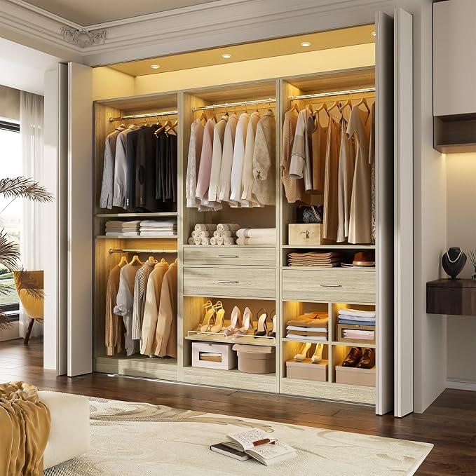Unikito Closet System Set of 2, 4FT Closet Systems with 2 Wood Drawers, 50" Closet Organizer System with 3 Hanging Rods & 2 Shelves, Heavy Duty Walk-in Closet , White Oak (50" L x 16" W x 80" H)