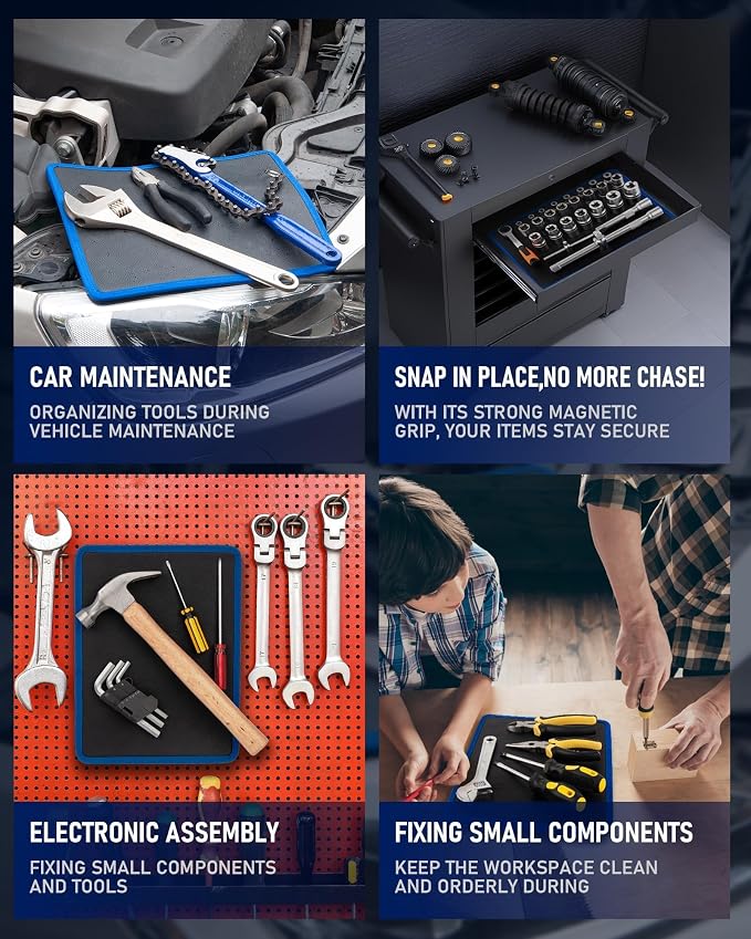 Magnetic Tool Mat Set, 4 Magnetic Pads, 40LB Tool Pad with Telescoping Magnetic Pickup Tools & Inspection Mirror, Tools Organizer for Garage, Workshop & Auto Repair