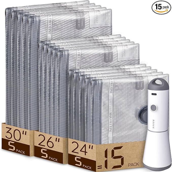 Vacbird Travel Vacuum Bags with Rechargeable Pump, Carry-On Space Saver | See Contents Easily with Transparent Bags, 1500mAh Pump Compresses 90+ Bags, Carry-On Size for Easy Travel Packing