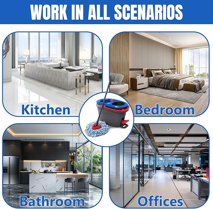 12 Pcs Spin Mop Replacement Heads, 360° Easy Wring Spin Mop 100% Microfiber Refill, Easy Cleaning Spin Mop Heads, 2 Tank System Replace Head for Easy House Cleaning Floor Mopping, Blue&White