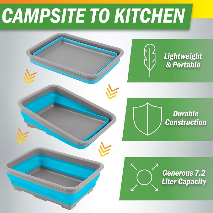 Collapsible Bucket for Cleaning - 7.27L Foldable Wash Bin Dish Tub - Collapsible Wash Basin or Camping Sink for Beach, Tailgating, or Soaking Laundry - Cleaning Supplies by Wakeman (Blue)