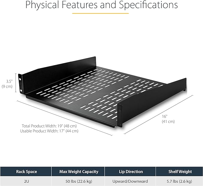 StarTech 2U Vented Cantilever Rack Shelf, 16in Deep, 50lb, TAA (CABSHELFV) | Universal 19in fit, Network equipment rack and cabinet, SPCC cold-rolled steel, Perforated airflow