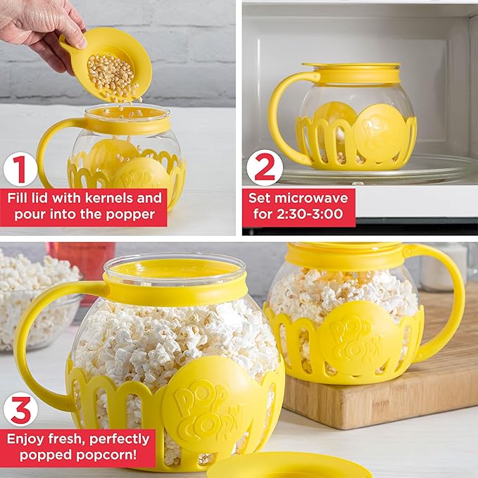 Ecolution Patented Micro-Pop Microwave Popcorn Popper with Temperature Safe Glass, 3-in-1 Lid Measures Kernels and Melts Butter, Made Without BPA, Dishwasher Safe, 1.5-Quart, Yellow (Pack of 4)