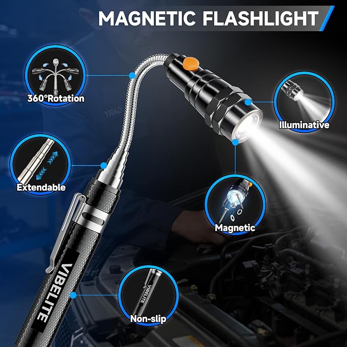 5Pcs Telescoping Magnetic Pick Up Tool Set | 1lb & 15lb Pick-up Rod, 360° Square & Circle Swivel Adjustable Inspection Mirror, LED Flashlight, Dad Gifts