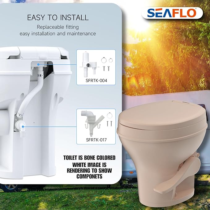 SEAFLO Bone RV Toilet, Residential Height 18.4", Gravity Flush Foot Pedal, Soft Close Seat, Camper Toilet for RV Motorhome Travel Trailer, Parchment, SFRTPH-02-01, 4-Year Warranty