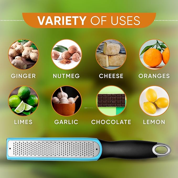 Spring Chef Premium Lemon Zester Grater with Handle - Fruits, Garlic, Chocolate, Ginger Grater - Heavy Duty Kitchen Tool - Stainless Steel Citrus Zester with Blade Cover - Fine Shred - Aqua Sky