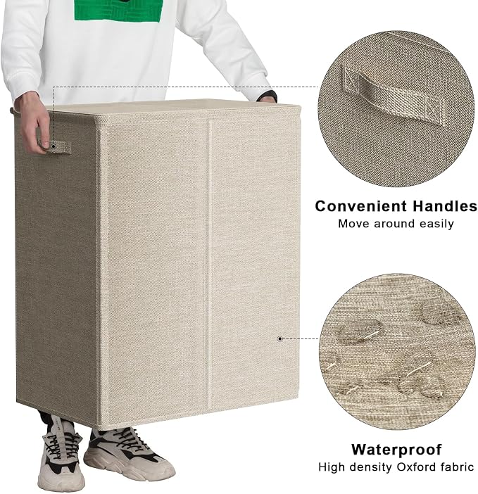 WOWLIVE 154L Double Laundry Hamper 2 Section with Lid and Removable Bags | Divided Laundry Basket, Large Dirty Clothes Hamper with Handle, Collapsible Laundry Storage for Dorm Room, College, Wheat