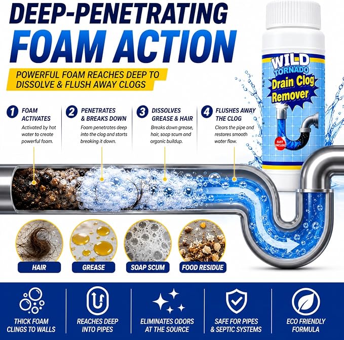 Drain Clog Remover 4 Pack, Sink Drain Cleaner Fast Foaming, Clogged Drai Remover Rapidly by Dissolve Impurities, Quick Cleaning Tool for for Pipes & Toilet, Kitchen Sinks, Bathroom Showers（480g）
