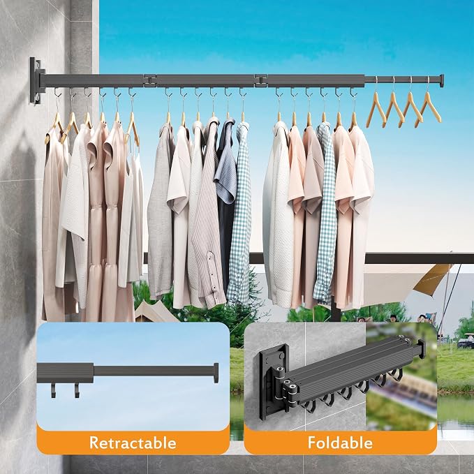 LIENAHU Grey Wall Mounted Clothes Drying Rack, Stainless Steel, Space Saving, Holds Up to 220 Pounds, Ideal for Clothing